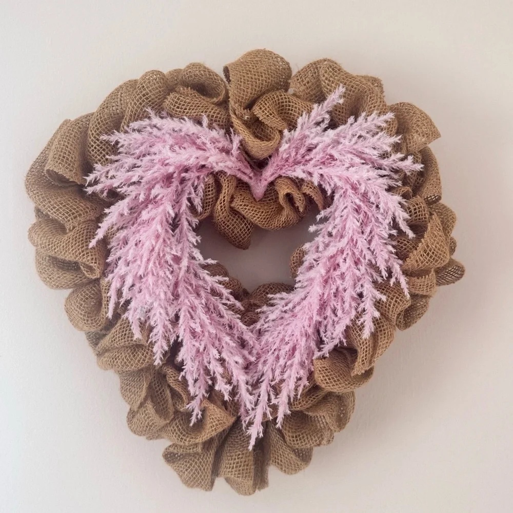 Valentines Heart-Shaped Burlap Wreath with Pink Accents